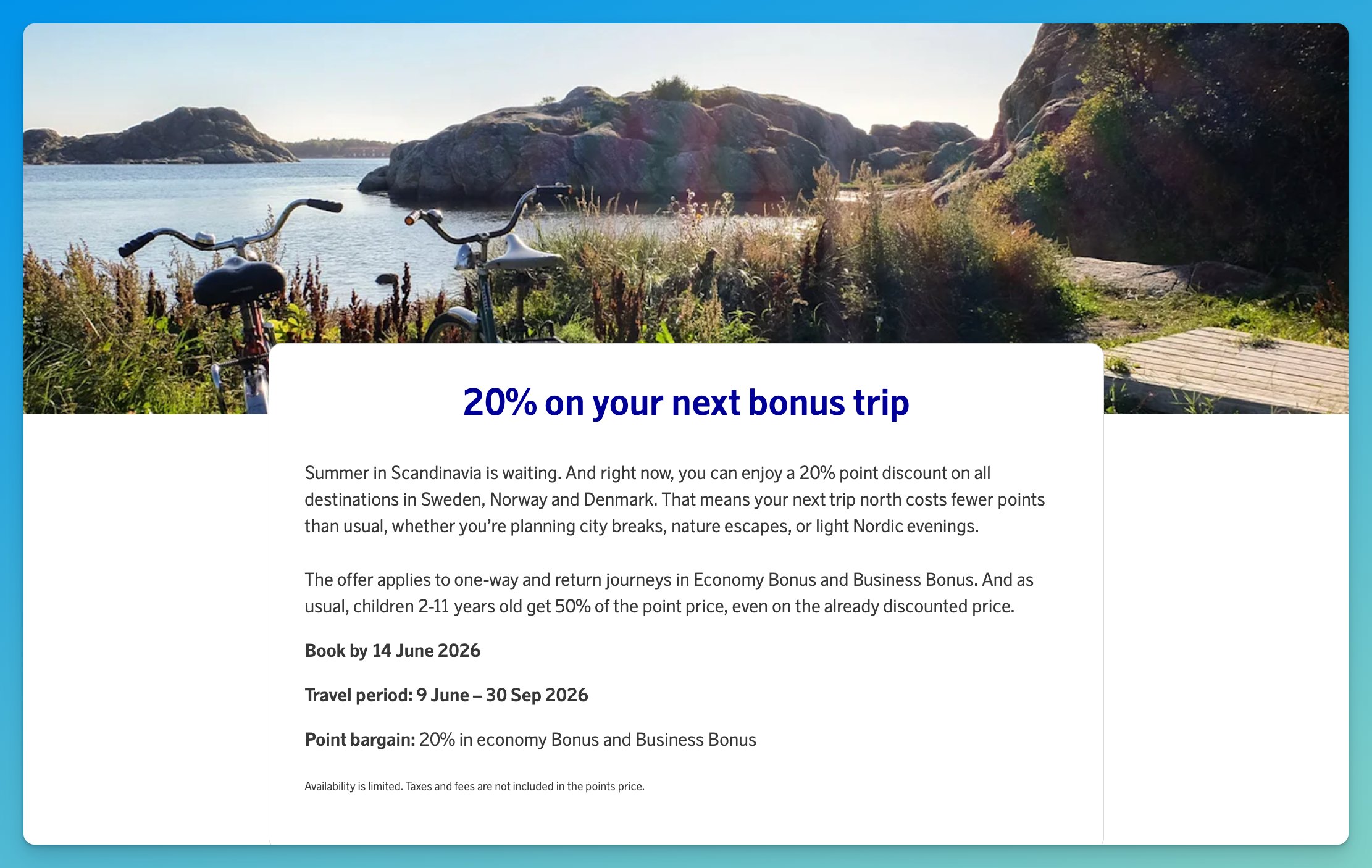 SAS 20% EuroBonus point discount on award flights within Scandinavia, book by June 14