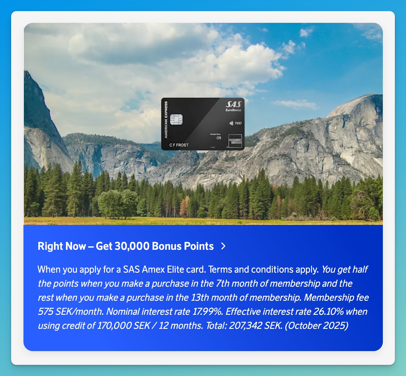 SAS Amex Elite card offer, get 30,000 EuroBonus bonus points