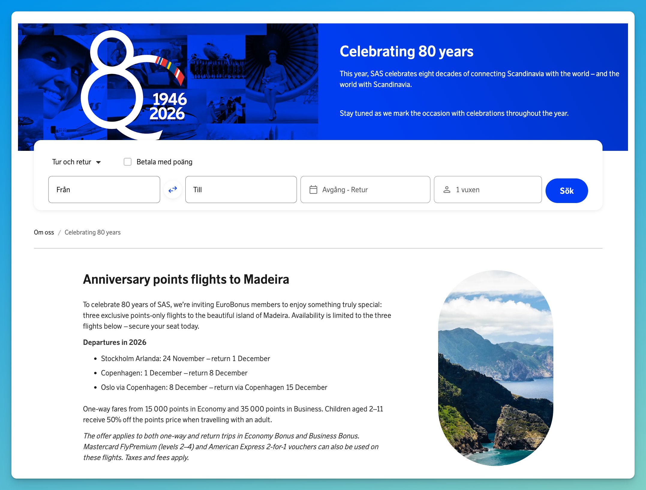 SAS 80th anniversary points-only flights to Madeira from Stockholm, Copenhagen, and Oslo
