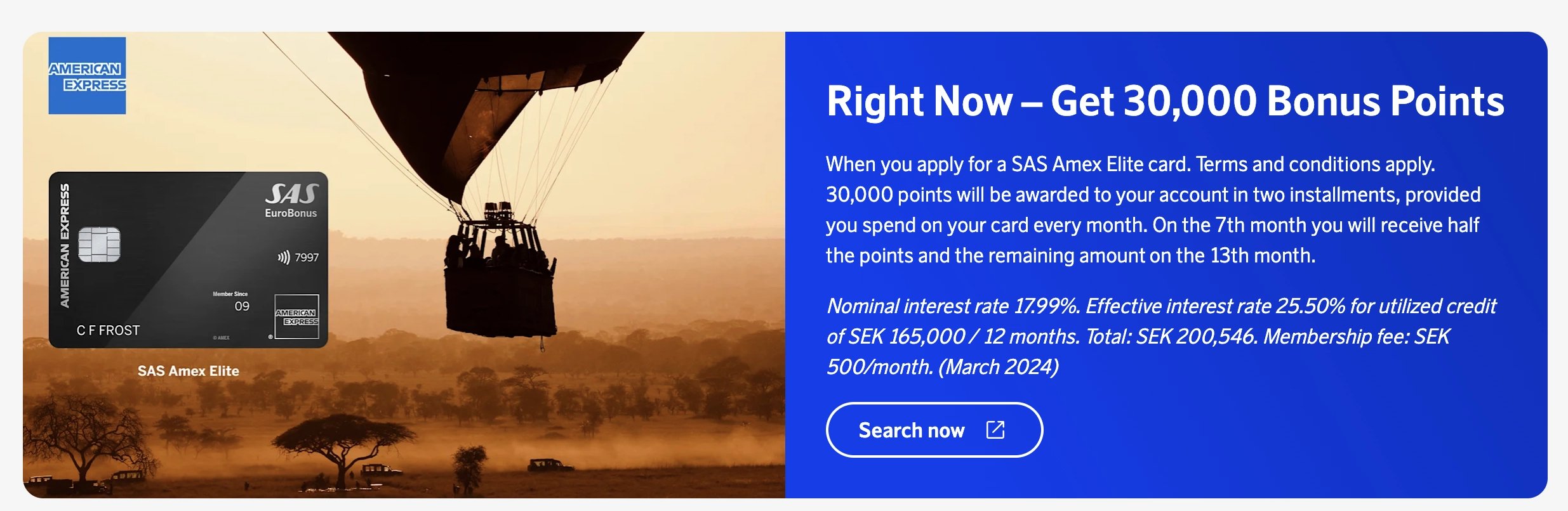 Get 30.000 EuroBonus points with SAS Amex Elite.