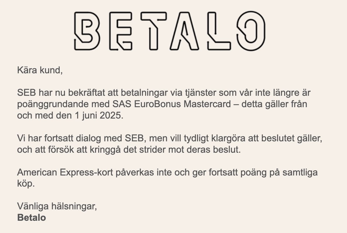 Betalo confirms no more EuroBonus points earnings with SAS Mastercard