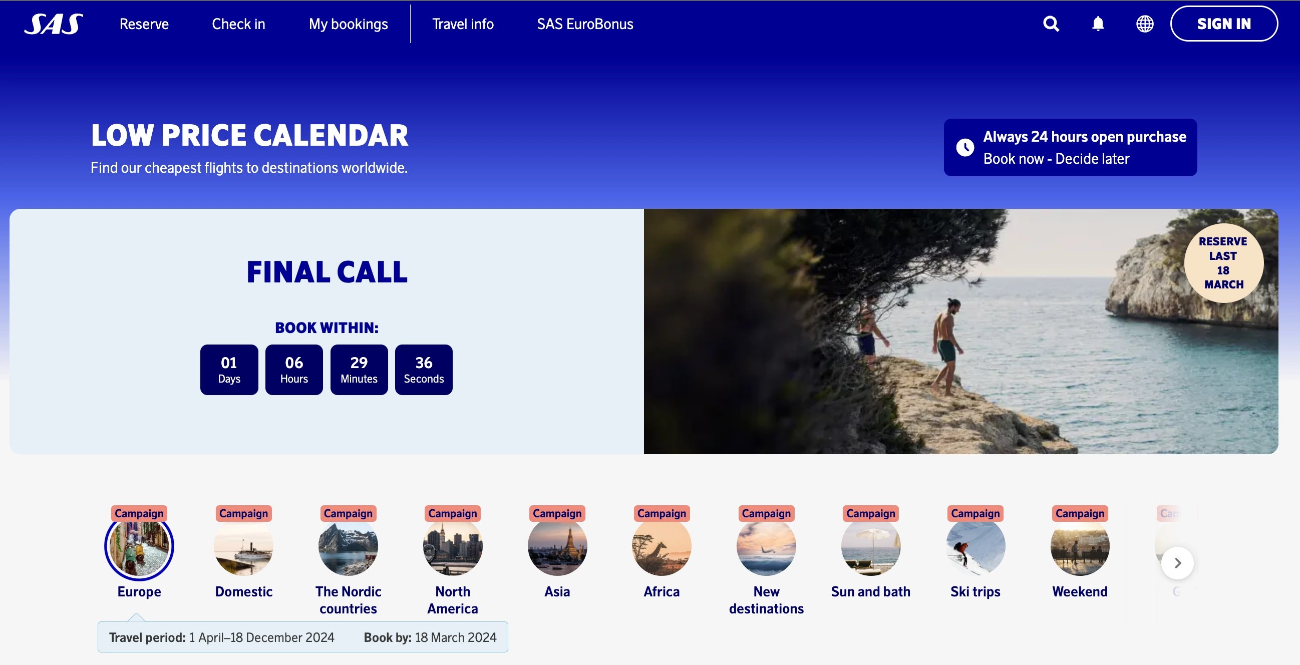 SAS Low price calendar, discounts until March 18th..