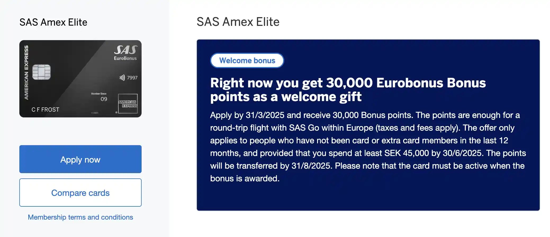Get 30.000 EuroBonus points with SAS Amex Elite.