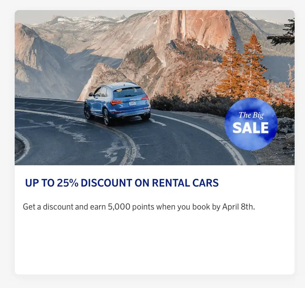 Get up to 50% OFF on rental cars and earn 5,000 points when you book by April 8th.