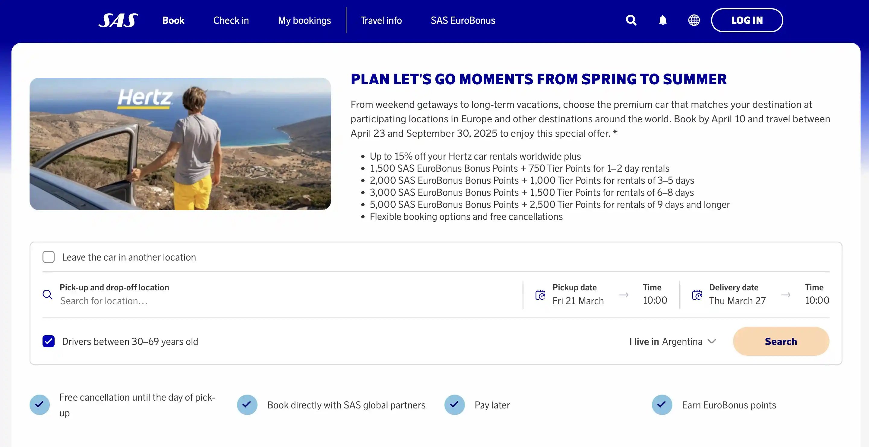 Get up to 5000 EuroBonus Points with Hertz in Spring and Summer 2025