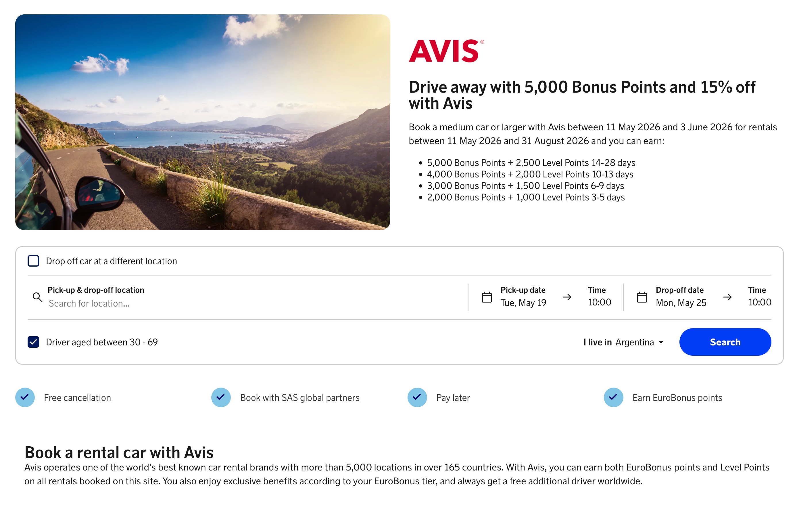SAS EuroBonus Avis car rental 5000 bonus points and 15 percent off, book by June 3