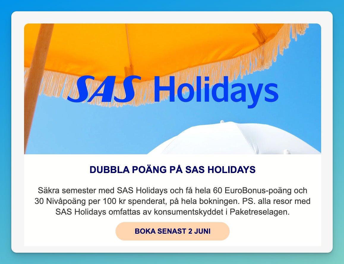 SAS Holidays double EuroBonus points promotion on package bookings