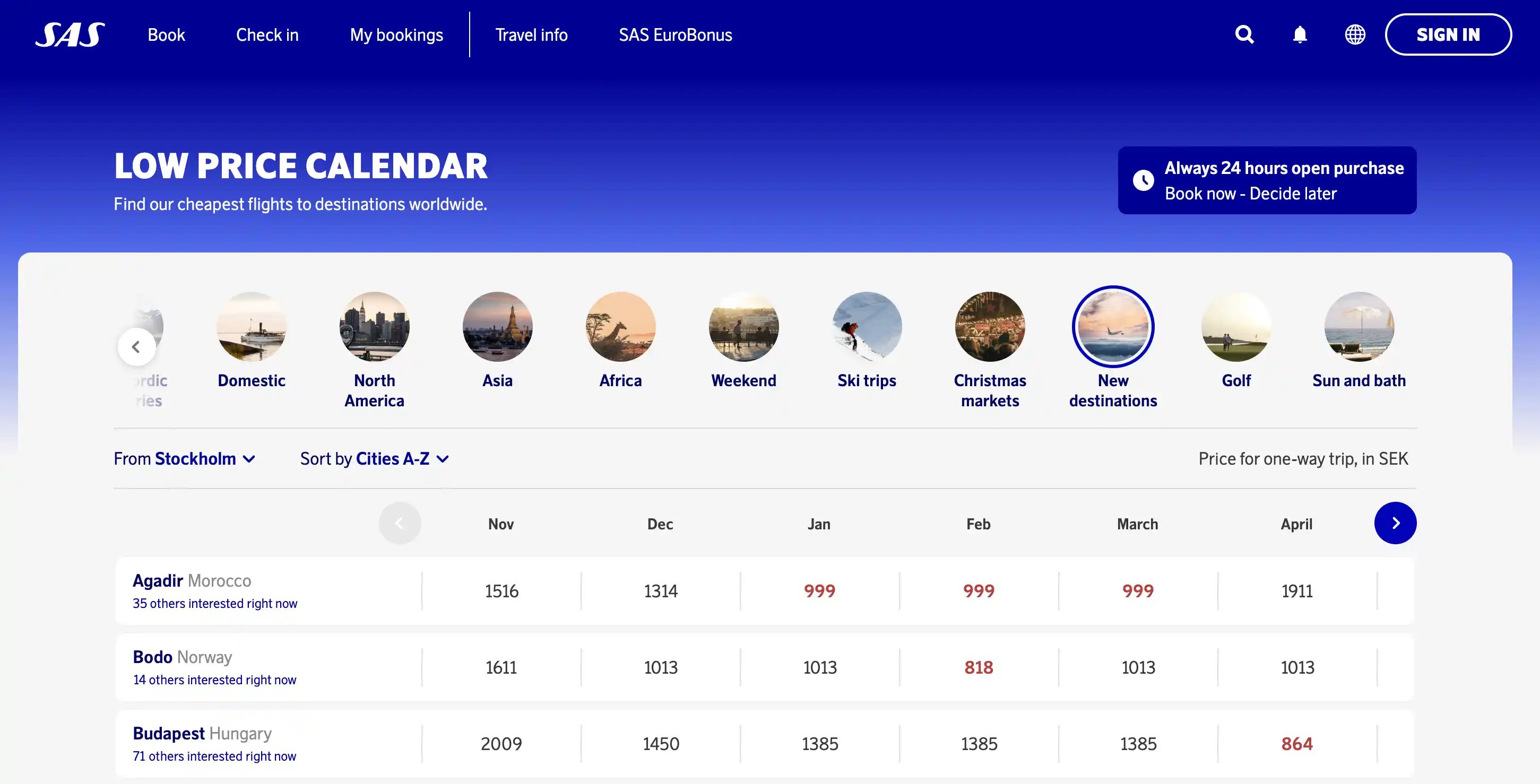 Sale on Cash tickets with SAS (Low cost calendar).