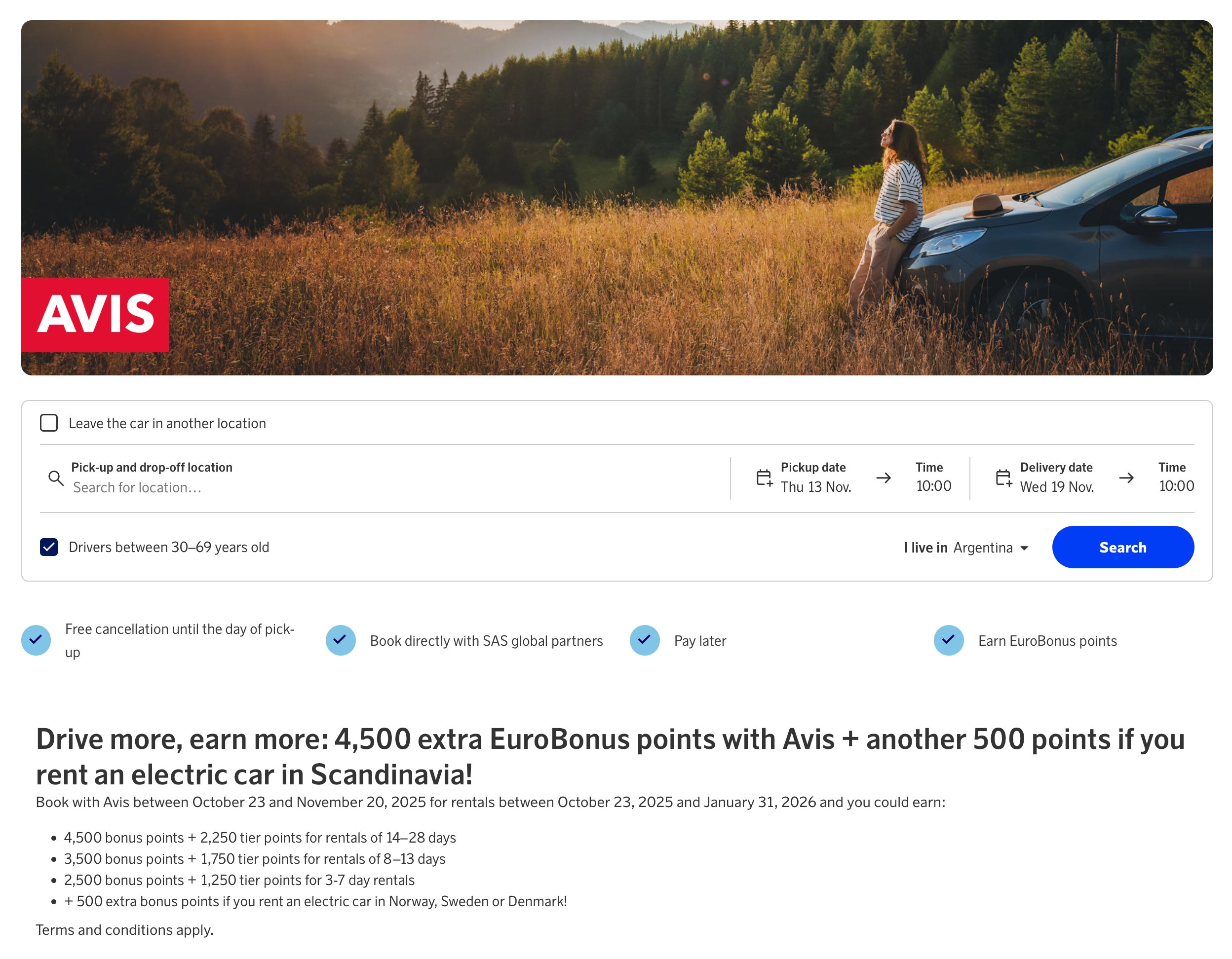 Avis car rental bonus offer for EuroBonus members