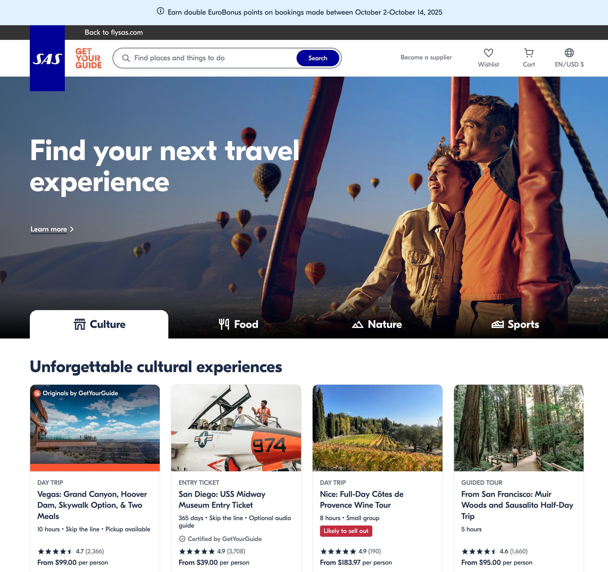 Double points on activities with SAS and GetYourGuide