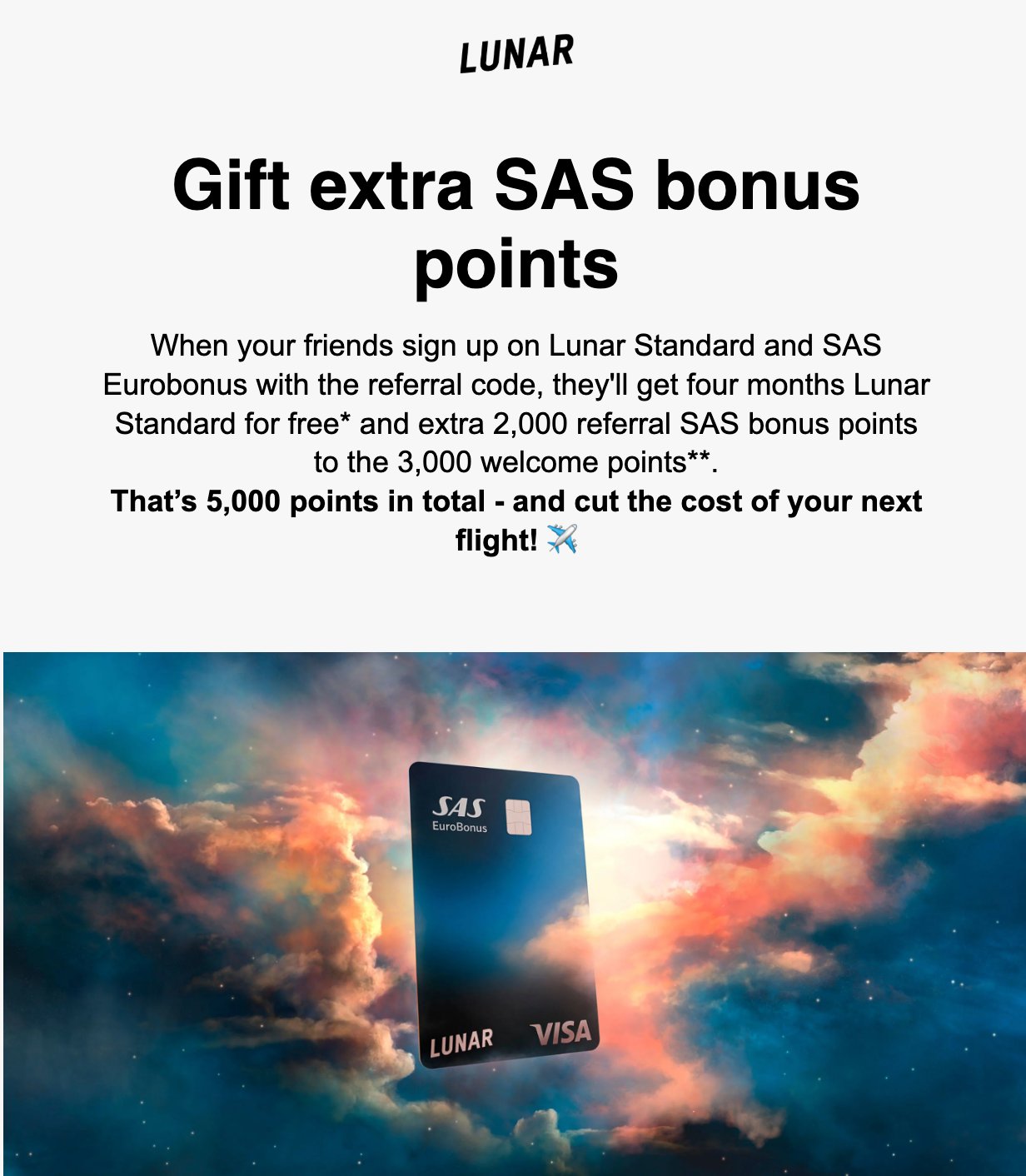 Promotional image for the SAS EuroBonus Lunar card welcome offer
