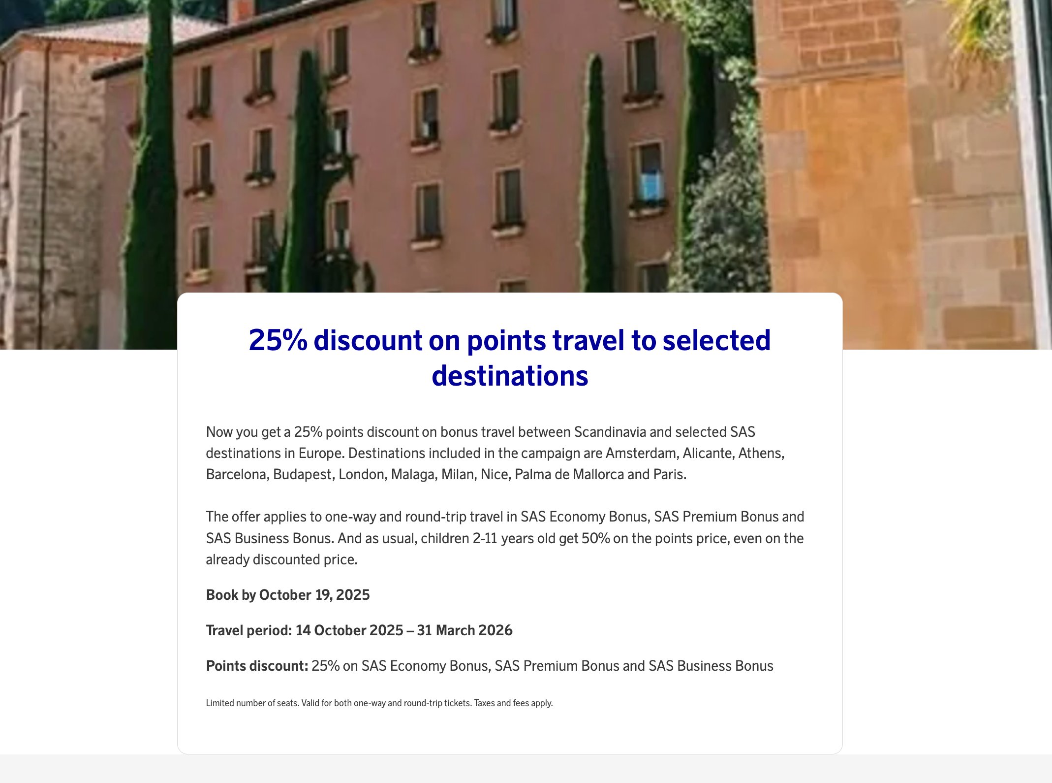 SAS 25% EuroBonus points discount on European award flights