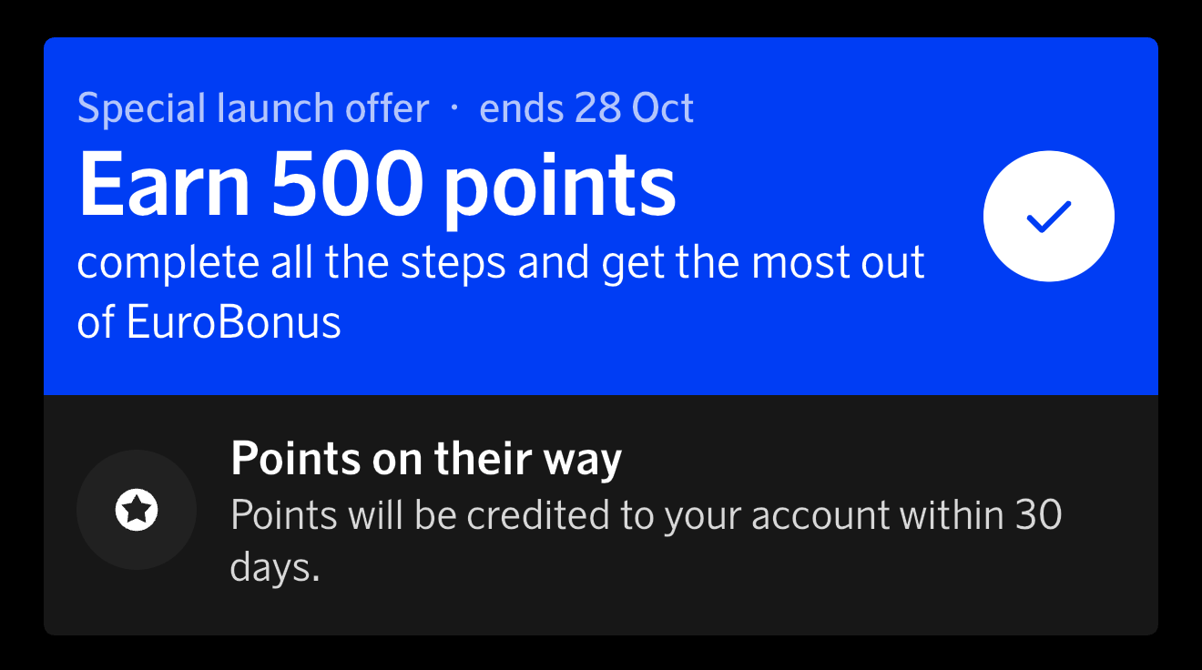 New EuroBonus mode in the SAS app showing points balance, goals and offers, with 500 Bonus points for exploring by October 28