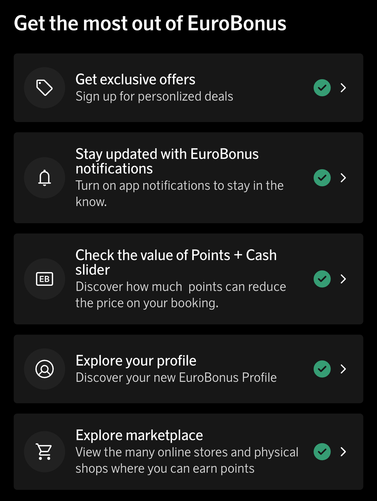 New EuroBonus mode in the SAS app showing points balance, goals and offers, with 500 Bonus points for exploring by October 28