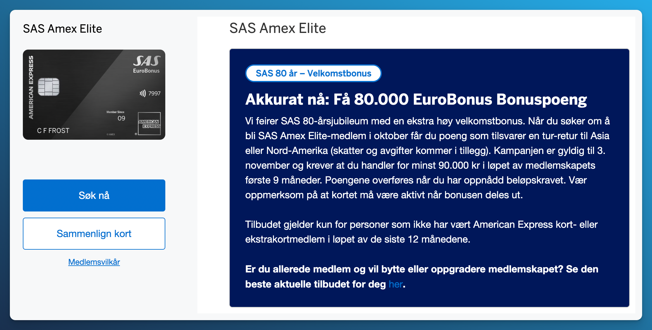 SAS Amex Elite 80th anniversary welcome offer of 80,000 EuroBonus points, apply by November 3