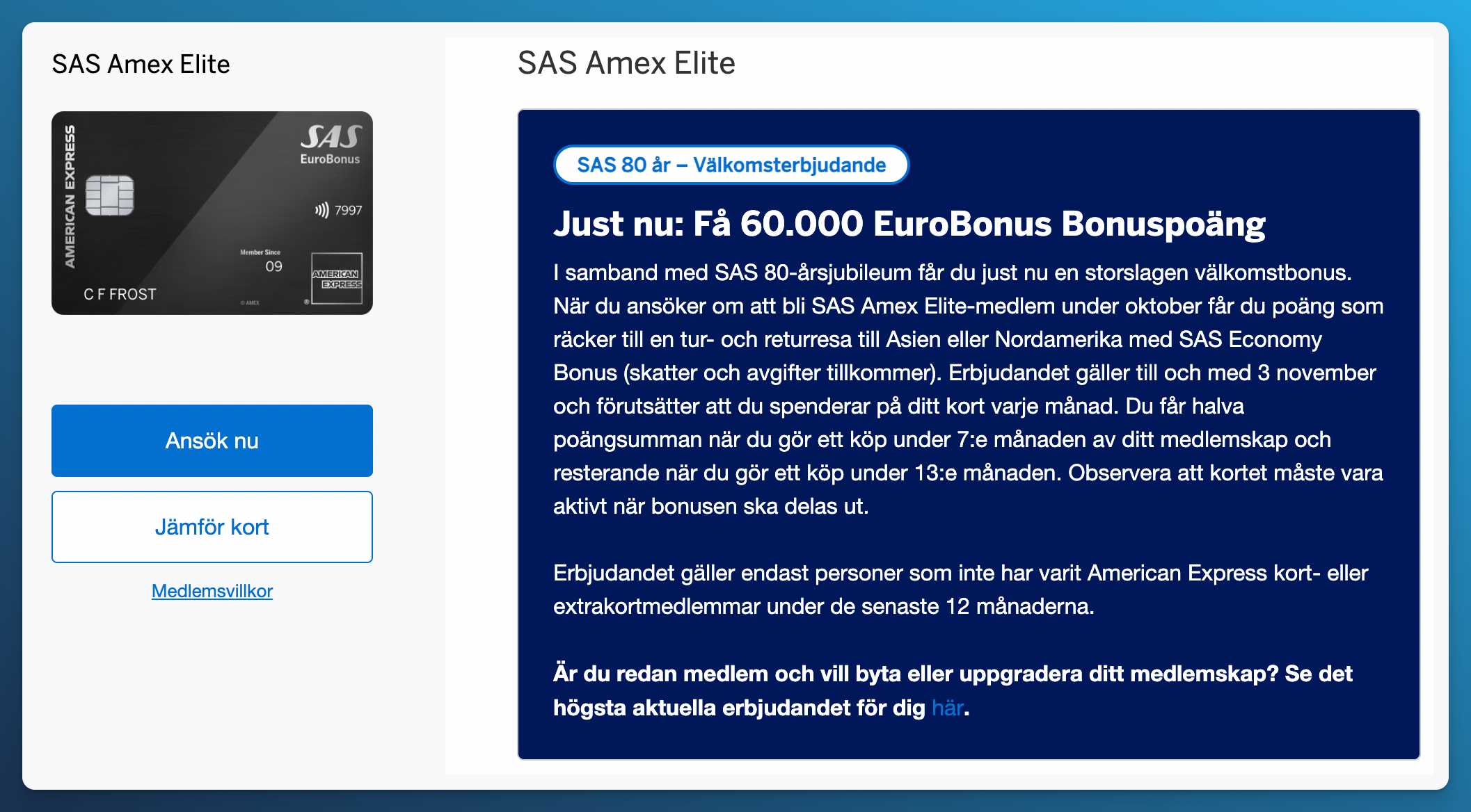 SAS Amex Elite 80th anniversary welcome offer of 60,000 EuroBonus points, apply by November 3