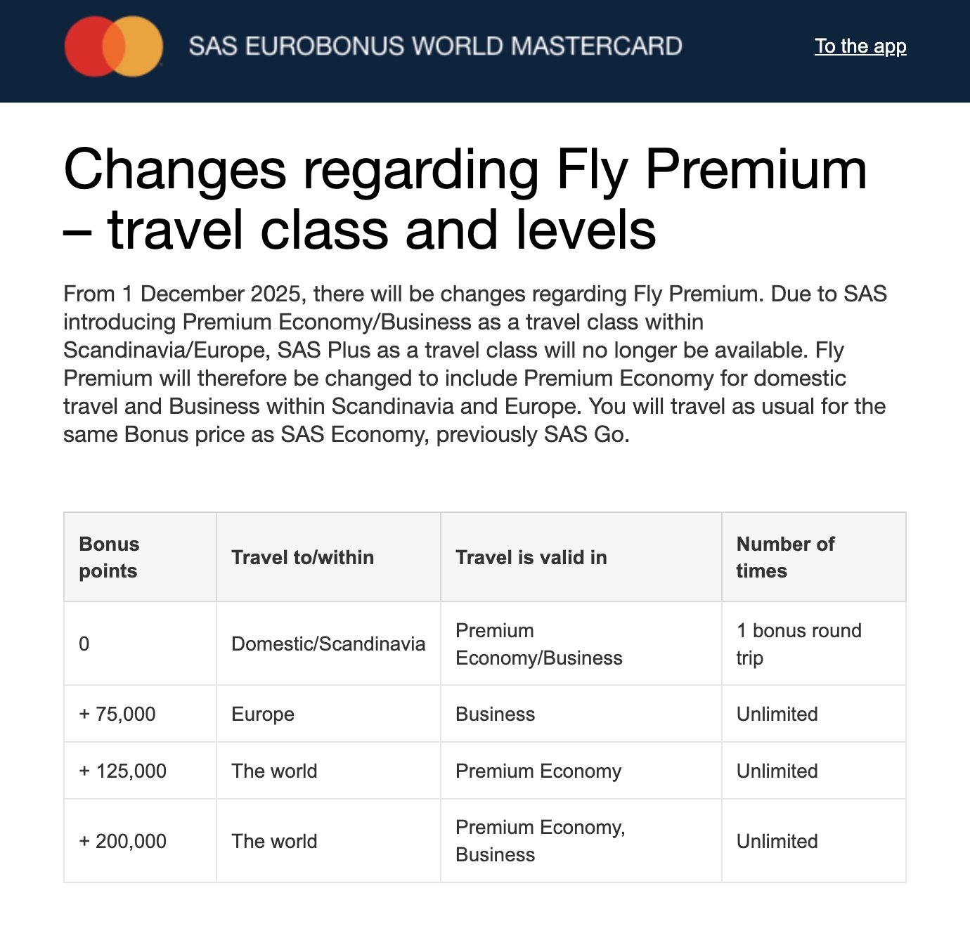SAS Mastercard Fly Premium changes