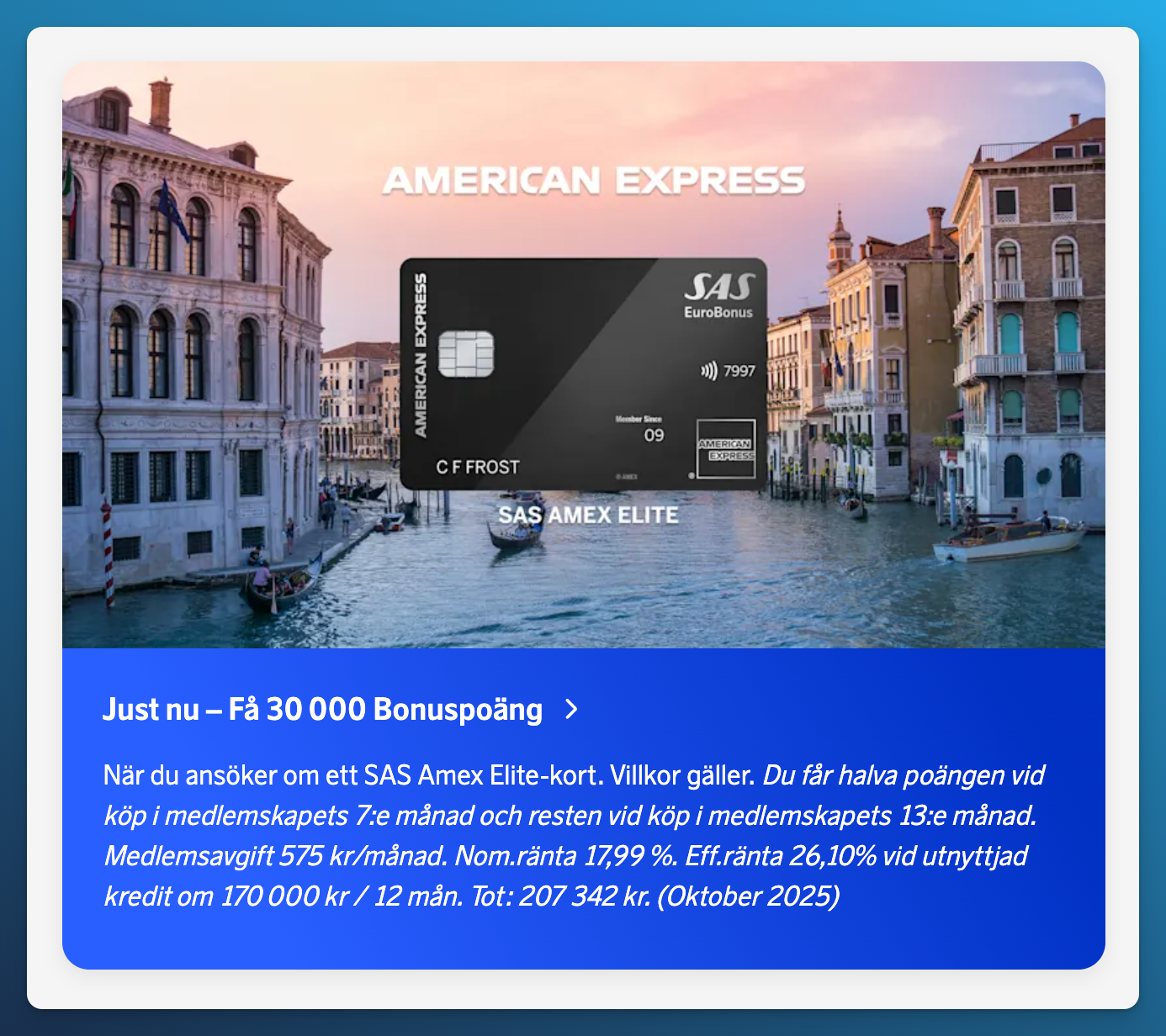 Swedish SAS Amex Elite offer showing 30,000 Bonus points, paid in months 7 and 13