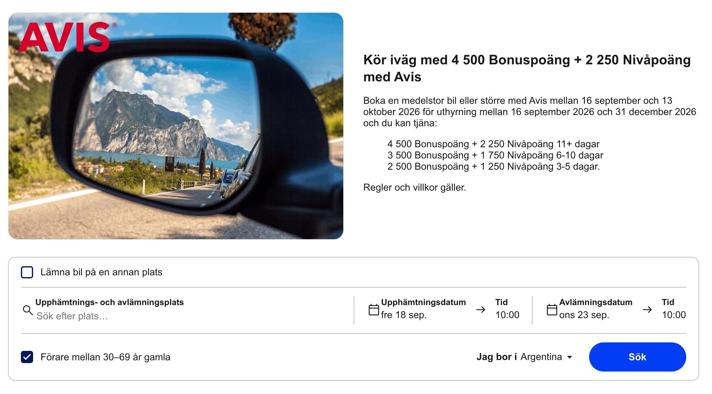 Avis promotion showing Bonus and Level points by rental length, with bookings open until October 13, 2026