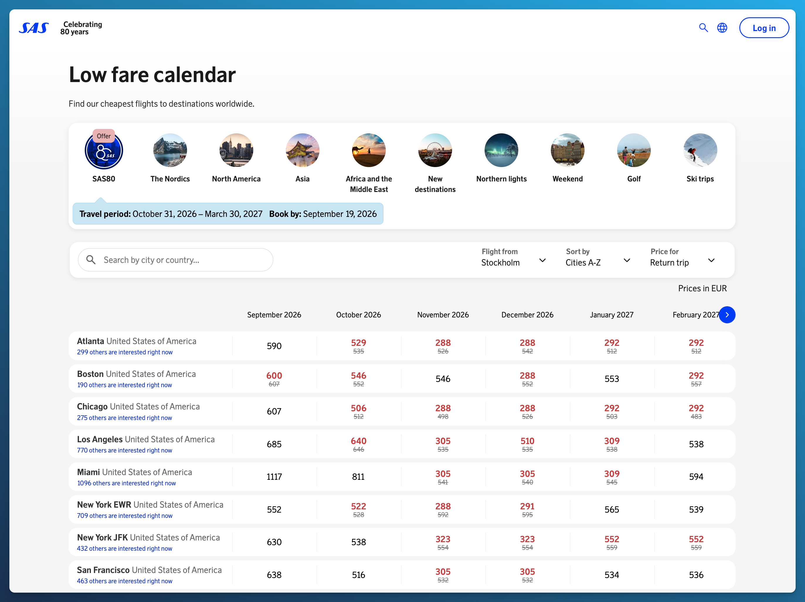 SAS low fare calendar showing anniversary round-trip fares from Stockholm to North America
