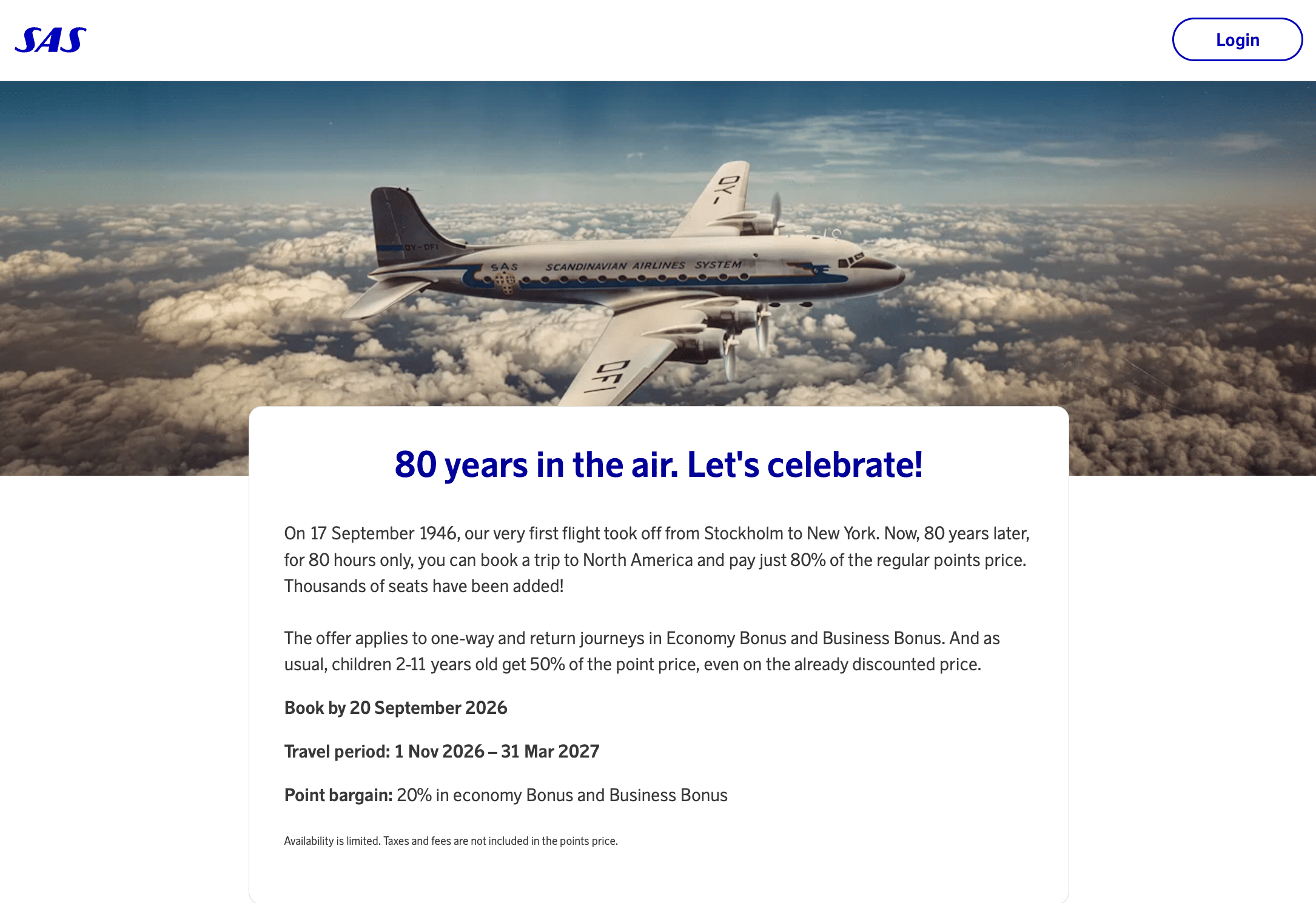SAS anniversary offer: 20% fewer points on North America Economy and Business awards, book by September 20