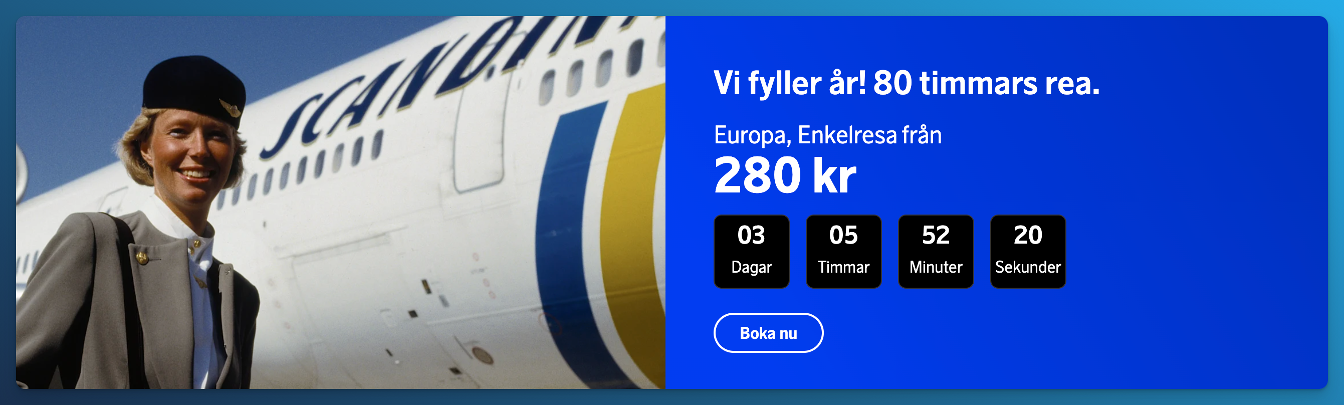 SAS 80-hour anniversary sale advertising European flights from 280 SEK one-way