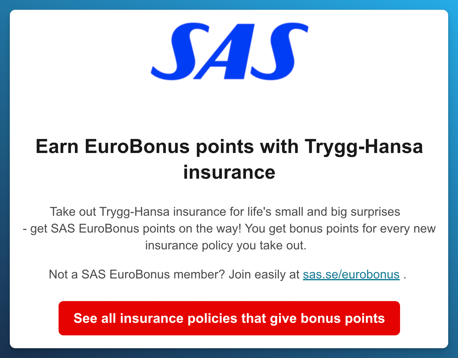 Trygg-Hansa page offering EuroBonus points for new insurance policies