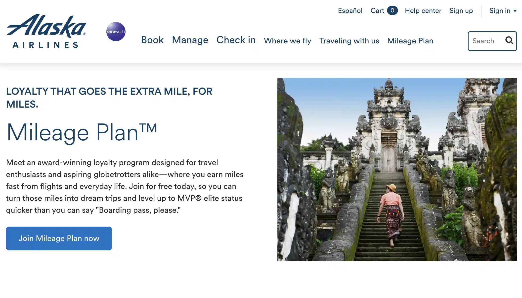 Página de inicio del programa de lealtad Alaska Mileage Plan