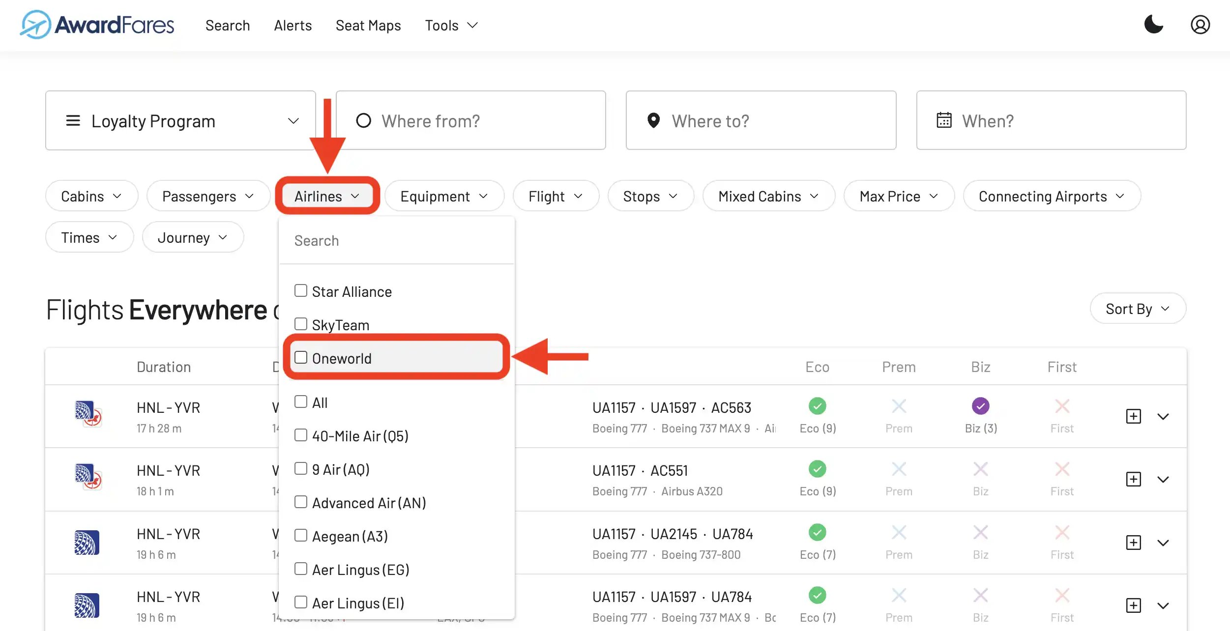 Seleccionar Oneworld en el filtro de aerolíneas de AwardFares