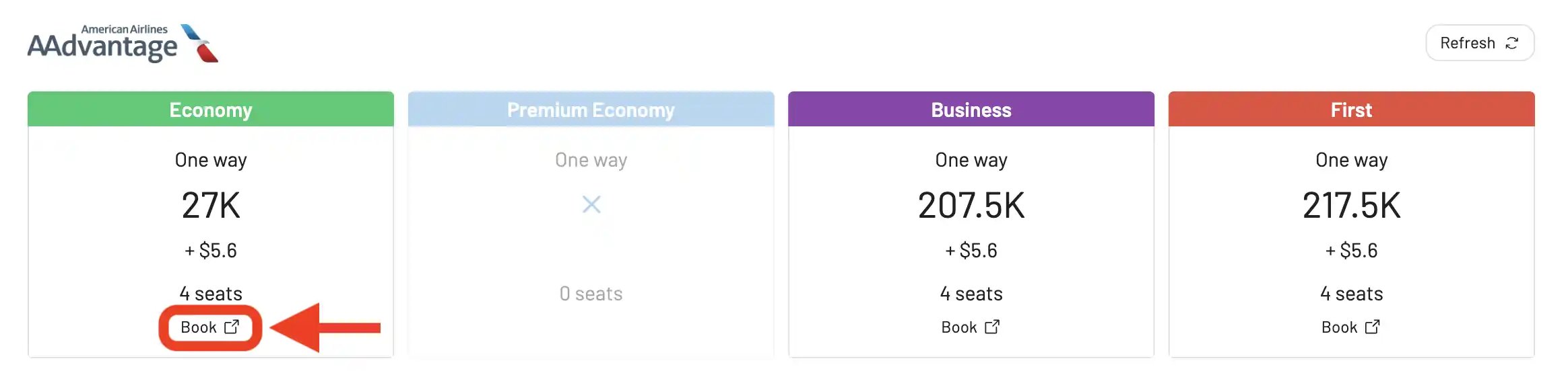 Botón de reservar en AwardFares
