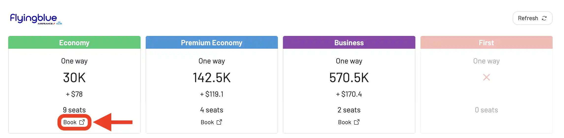 Botón de reservar en AwardFares