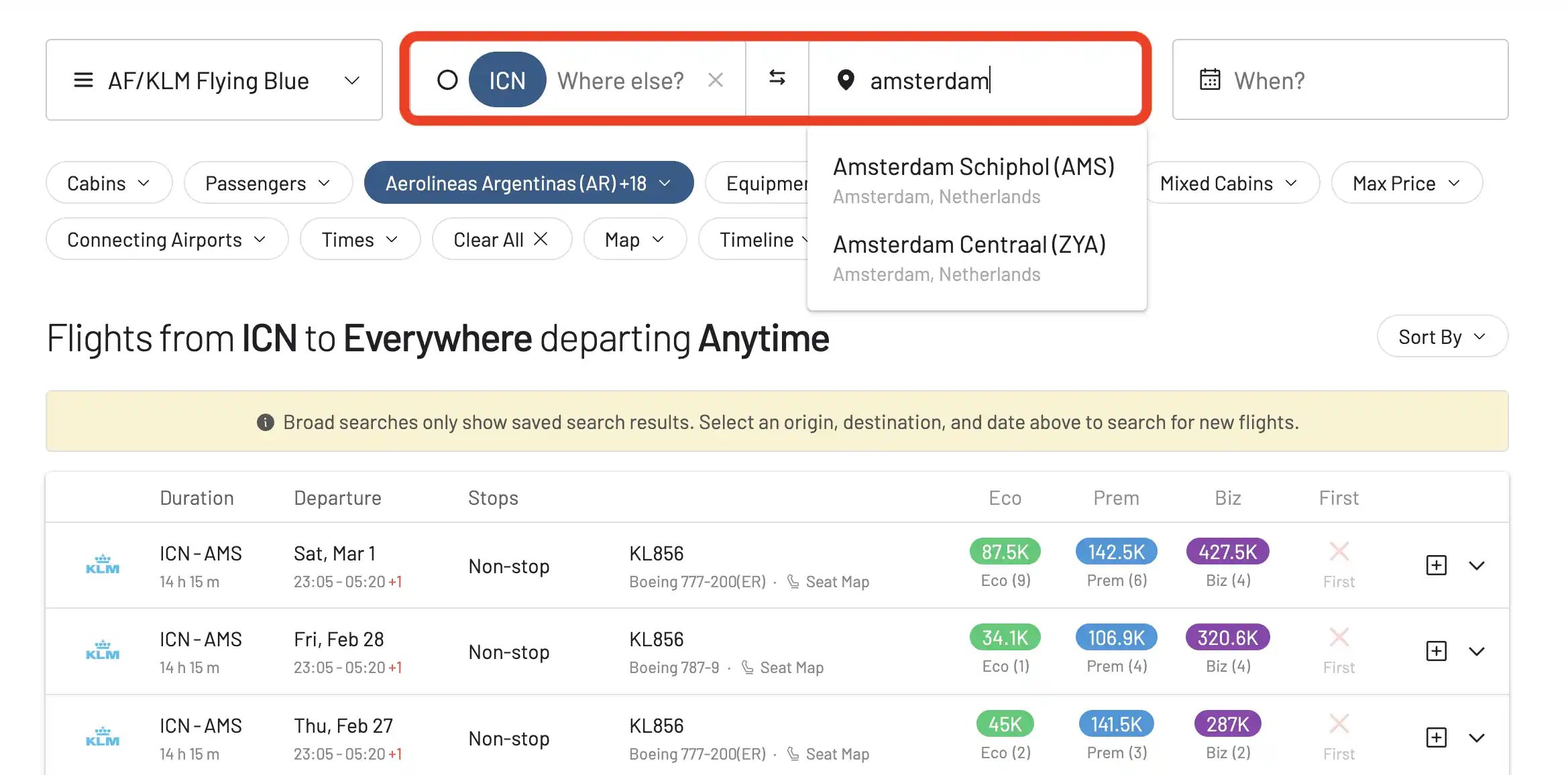 Selecciona la ruta para buscar vuelos con millas en SkyTeam