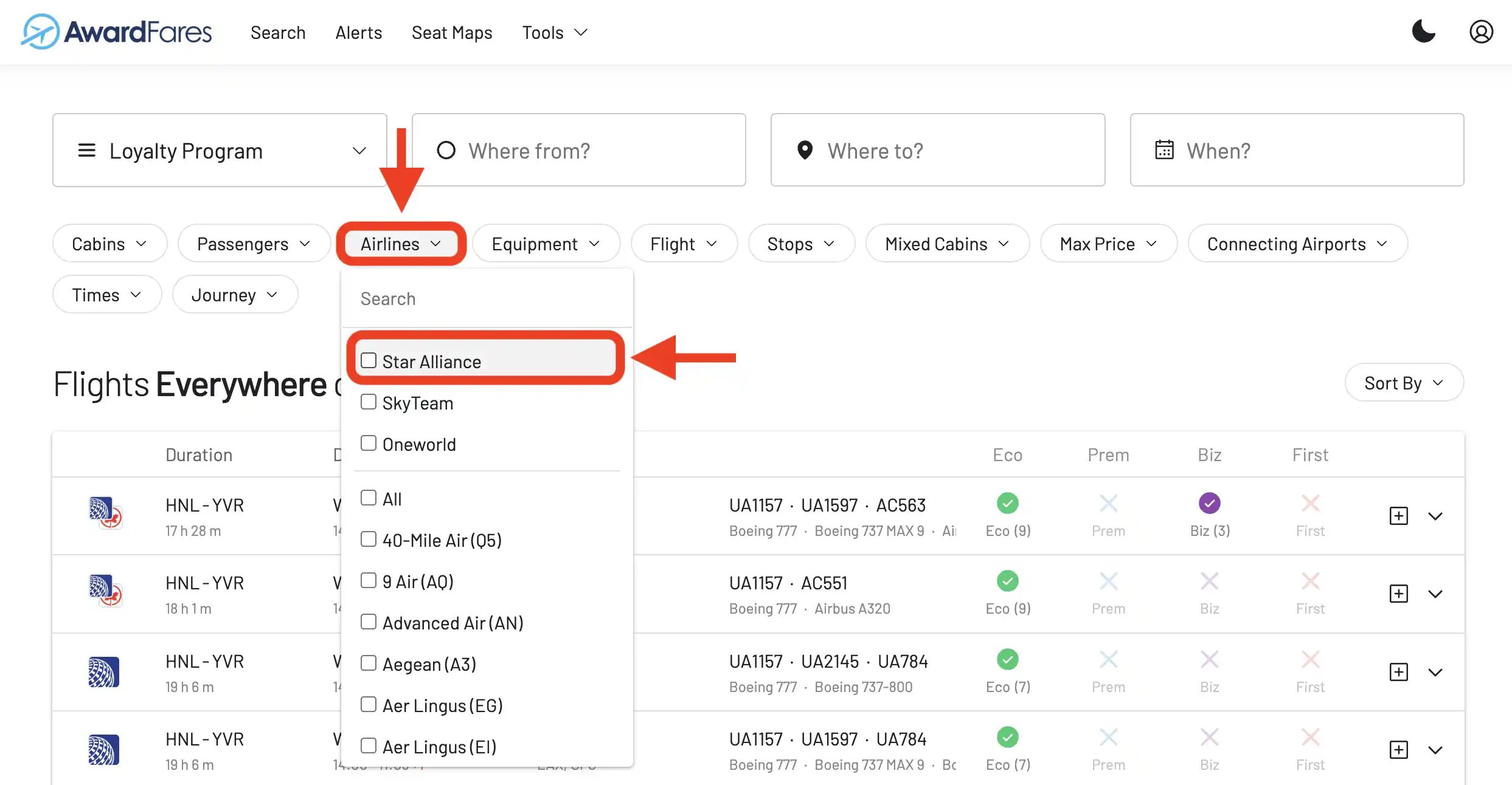 Seleccionar Star Alliance en el filtro de aerolíneas de AwardFares