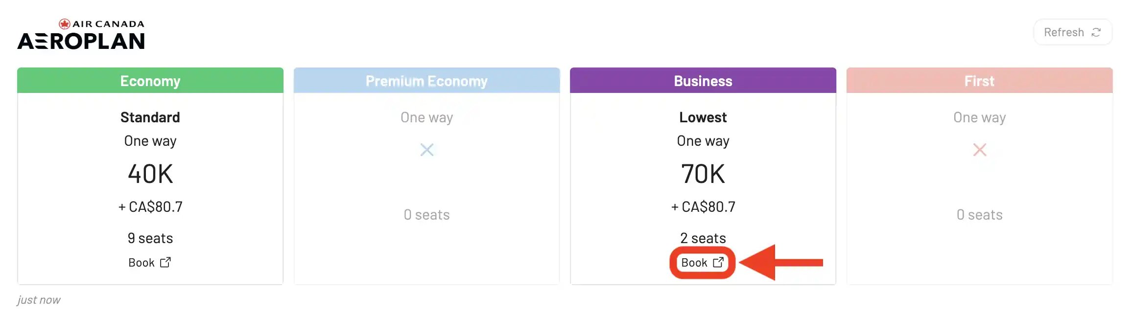 Botón de reserva en AwardFares