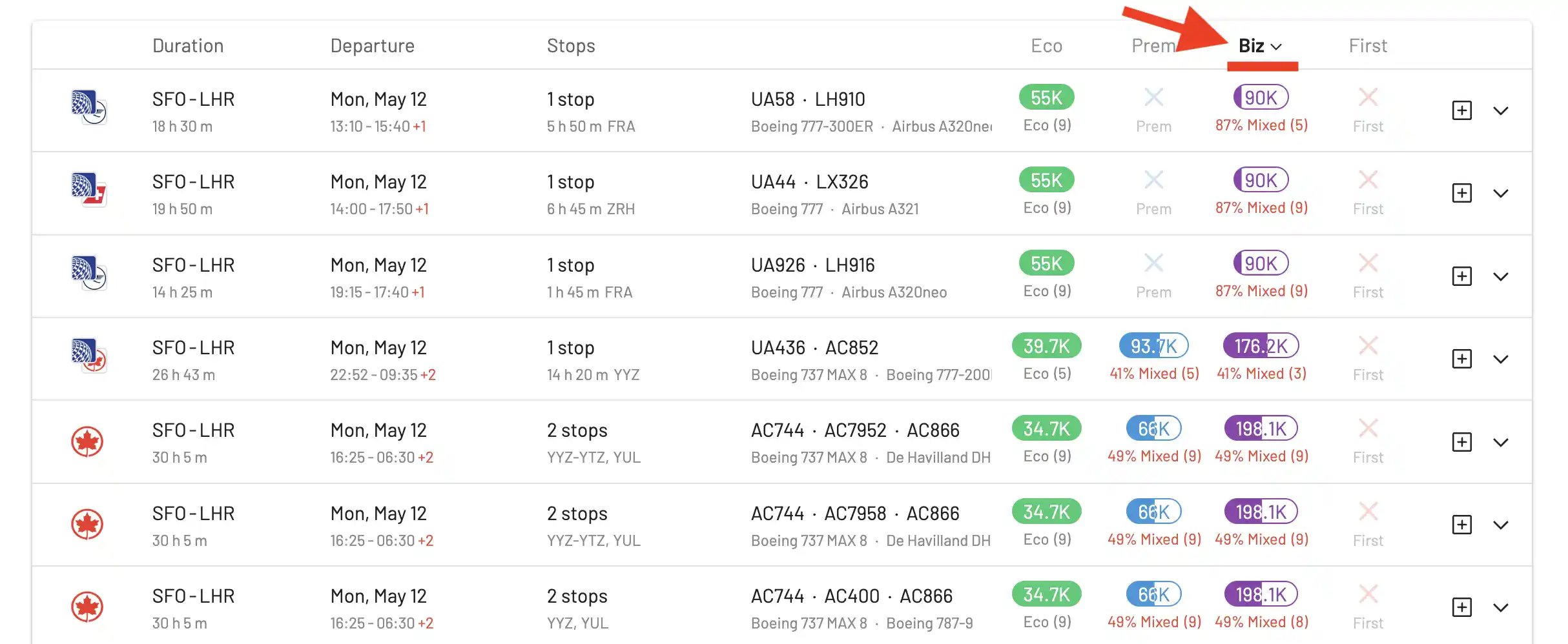 Sorted by Business Class price