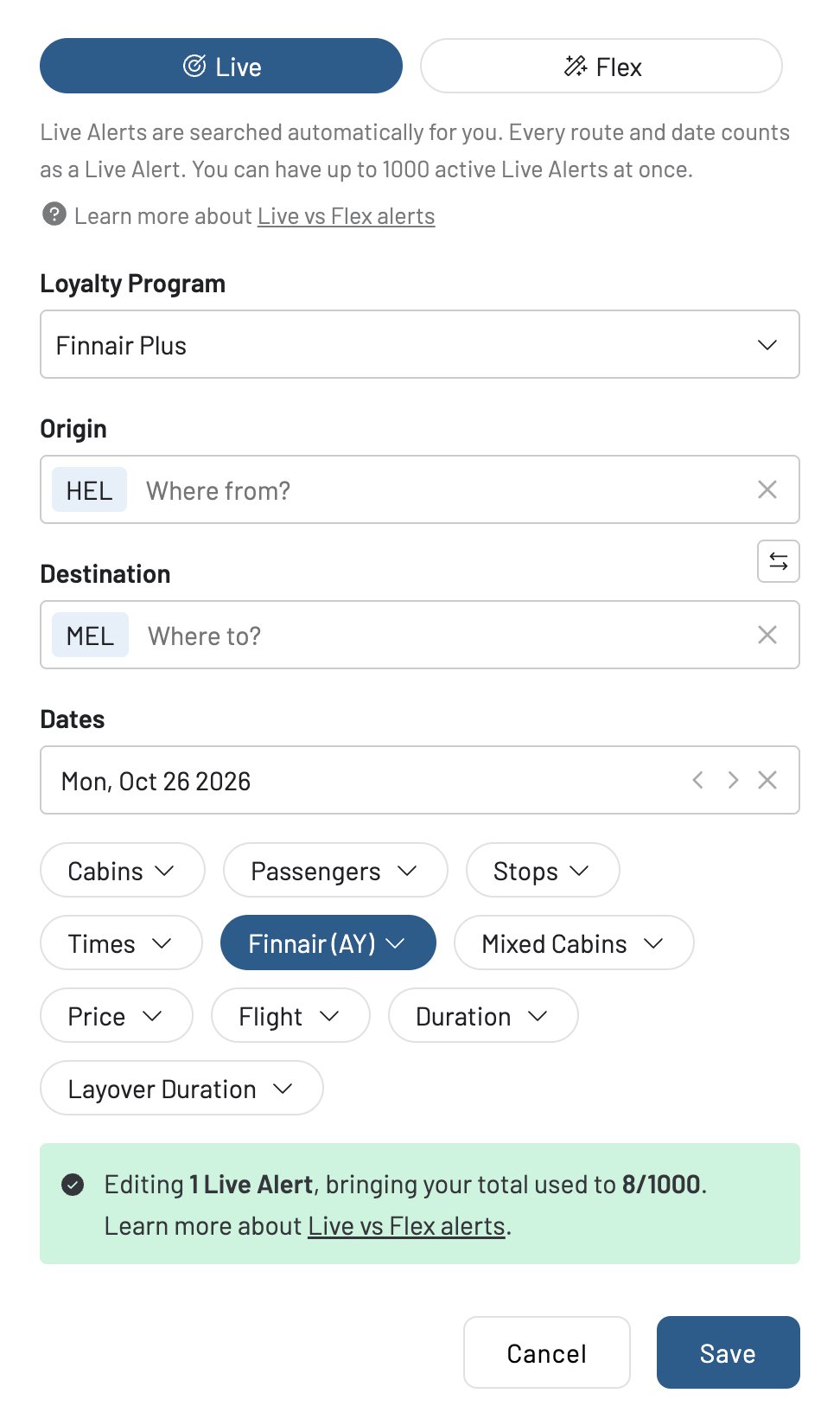 Creating a Live Alert in AwardFares for HEL–MEL on Oct 26, 2026 using Finnair Plus.