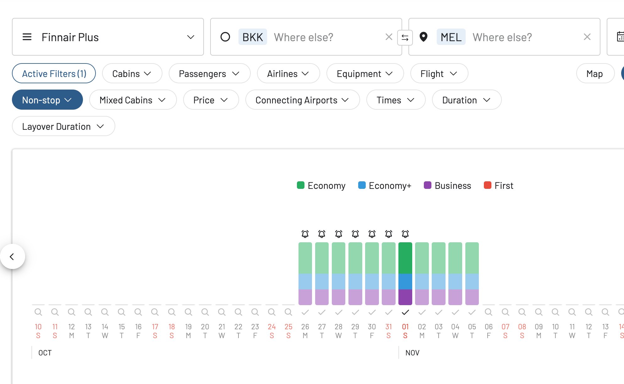 AwardFares timeline view showing Finnair Plus award availability on the BKK–MEL segment.