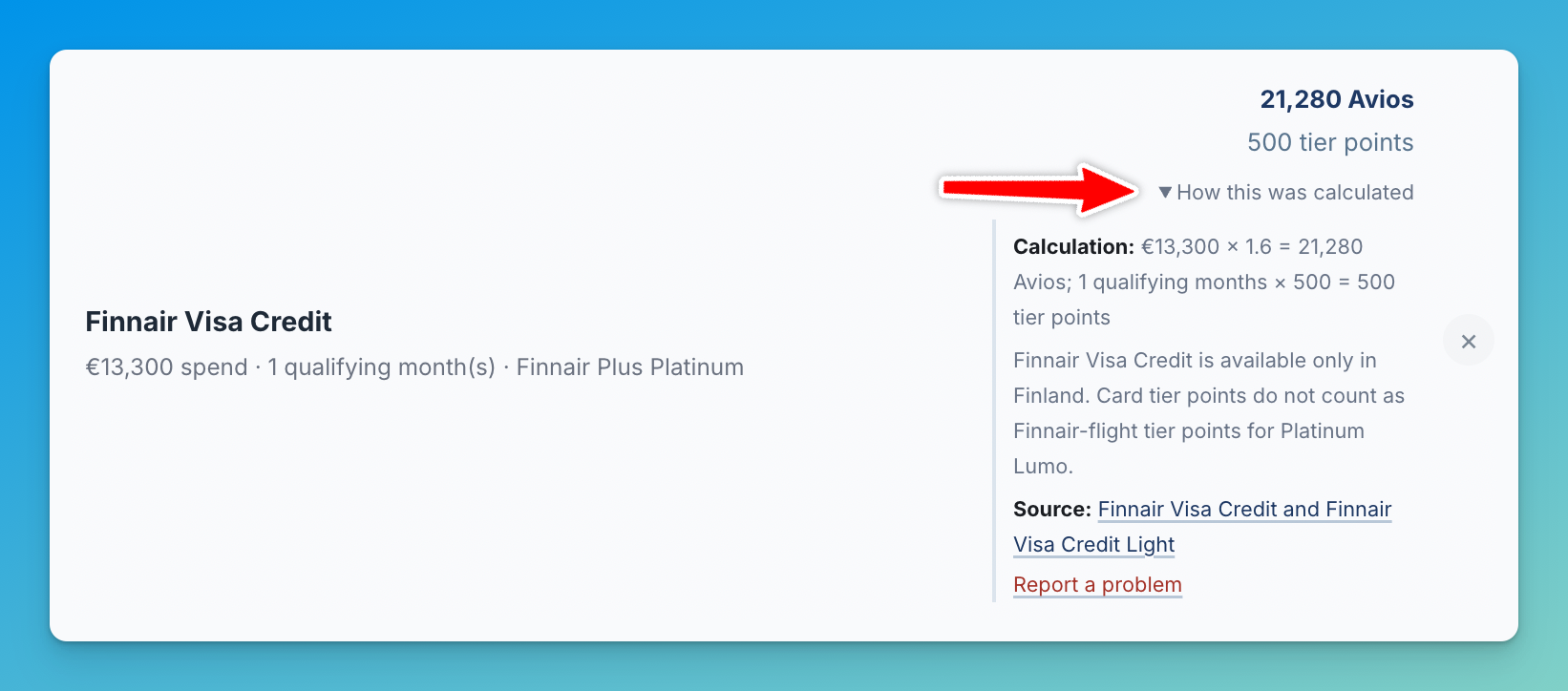 Finnair Plus calculator result with the earning formula, methodology note and official Finnair source expanded.