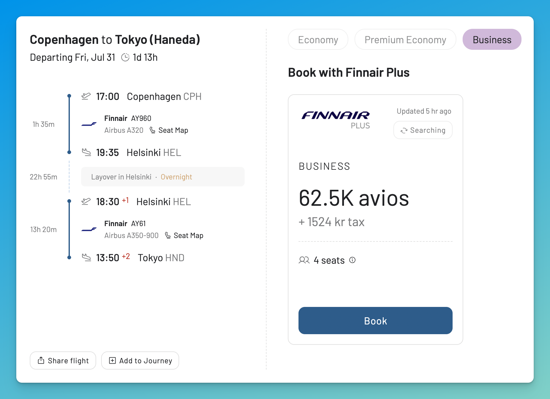 AwardFares result details for a Finnair Plus award from Copenhagen to Tokyo Haneda.