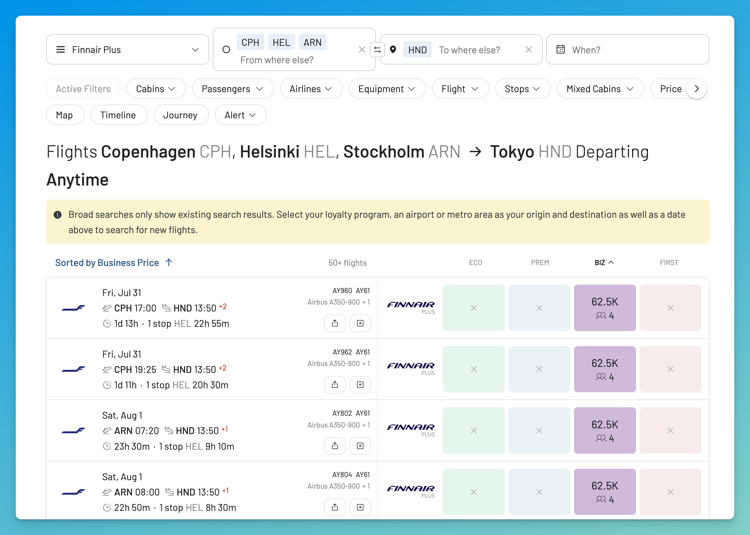 AwardFares search showing Finnair Plus award availability between Copenhagen, Stockholm or Helsinki and Tokyo Haneda across multiple dates.