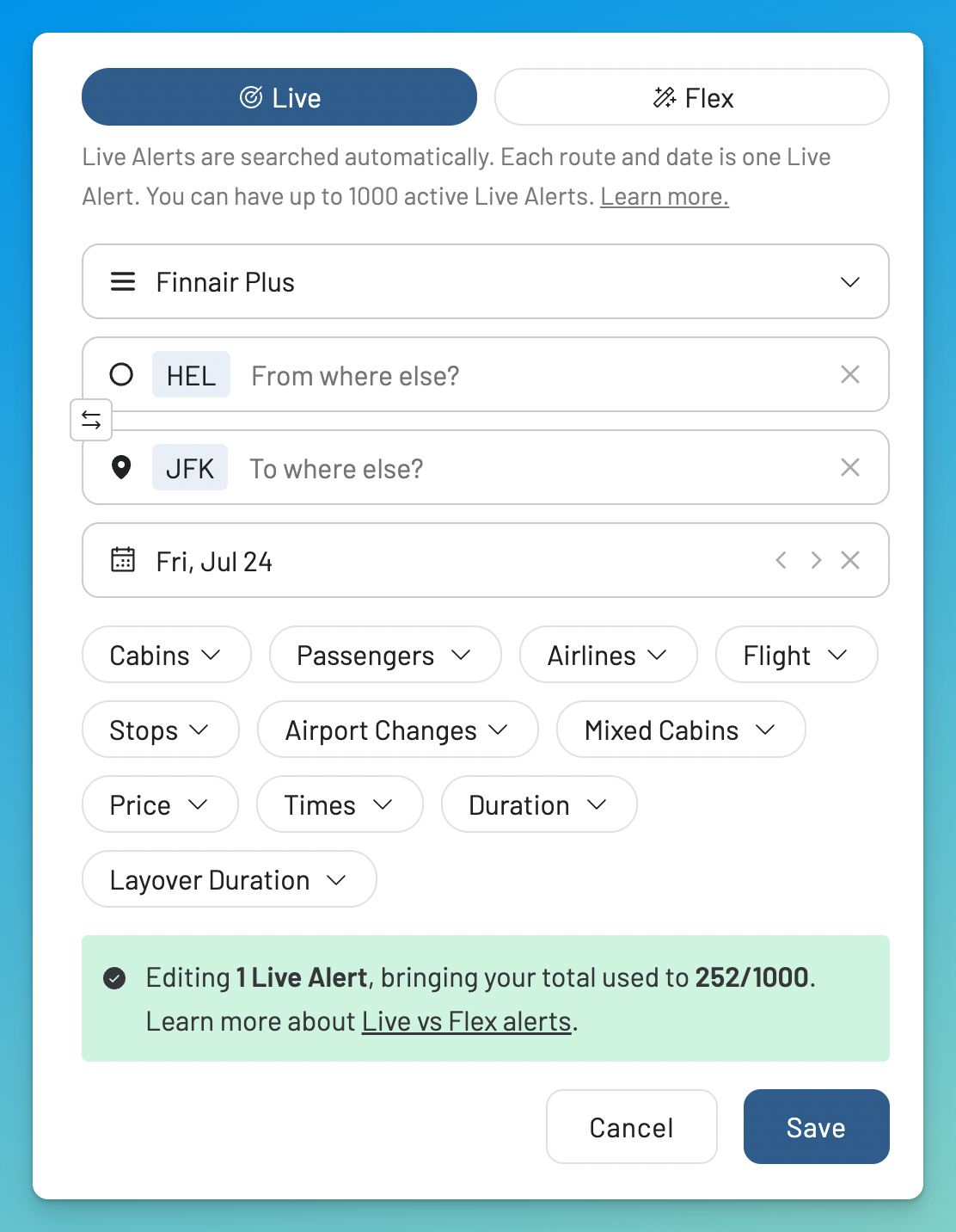 Set an Alert for dates with no award space on Finnair Plus.