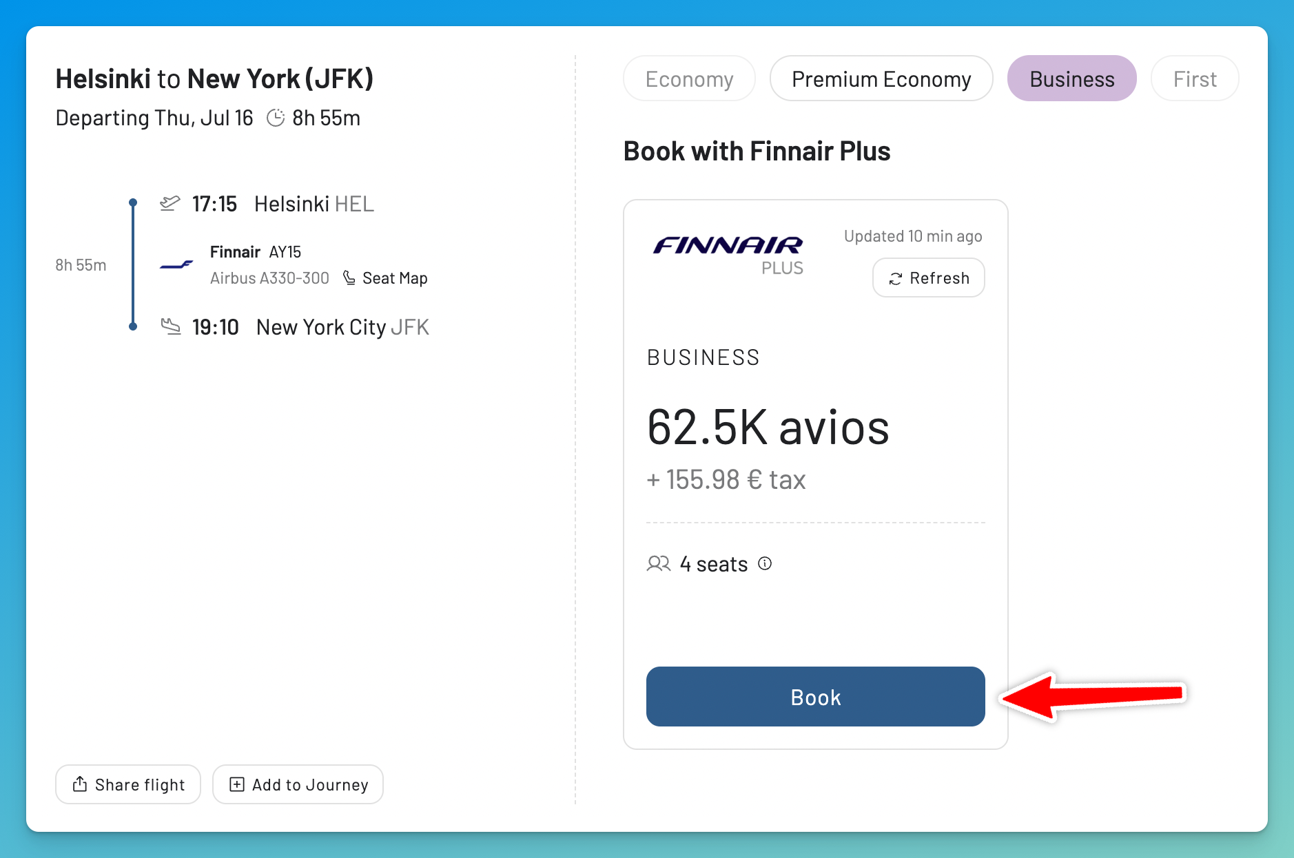 The Book button in the AwardFares results list, which redirects to the Finnair website to complete the booking.