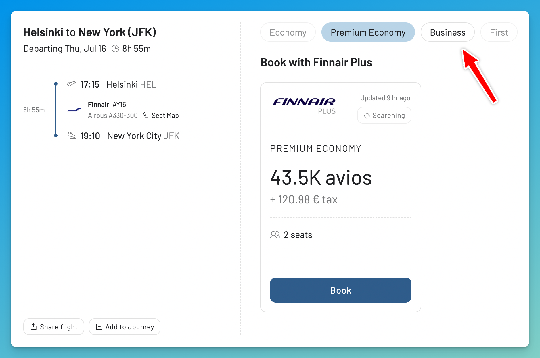 Expanded flight details in AwardFares showing the operating carrier, cabin availability, and Avios price for a Finnair award flight.