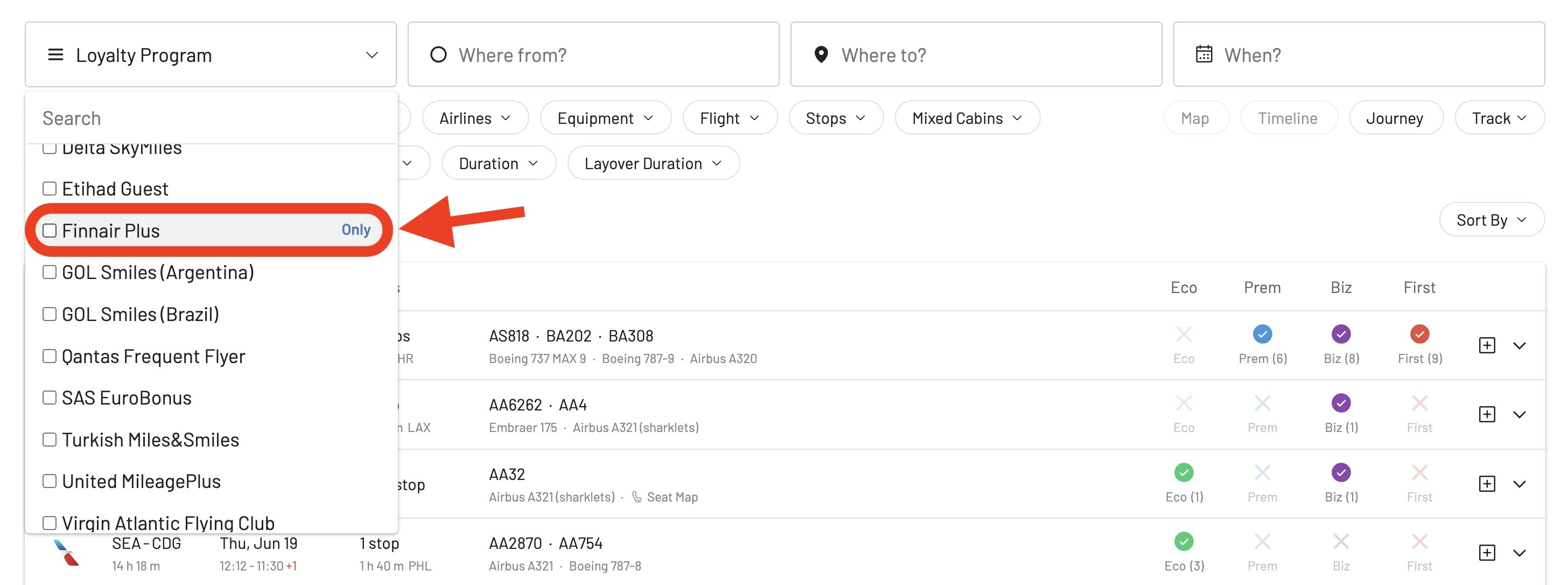 Select Finnair Plus in the AwardFares Frequent Flyer Program picker.