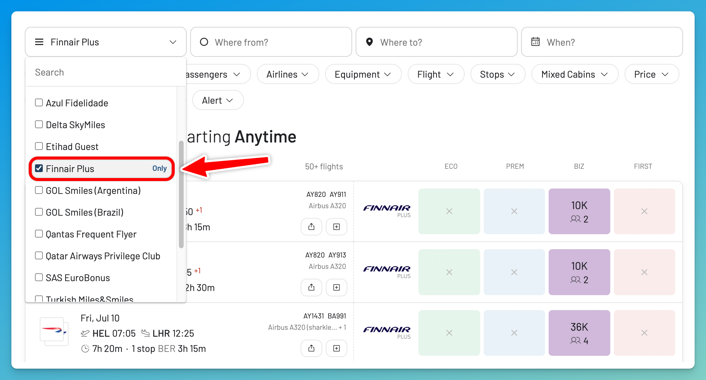 Select Finnair Plus in the AwardFares Frequent Flyer Program picker.