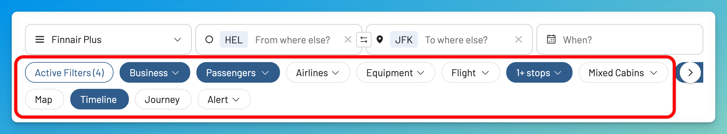 Use additional filters like stops, airline, and aircraft type to refine your Finnair Plus award search.