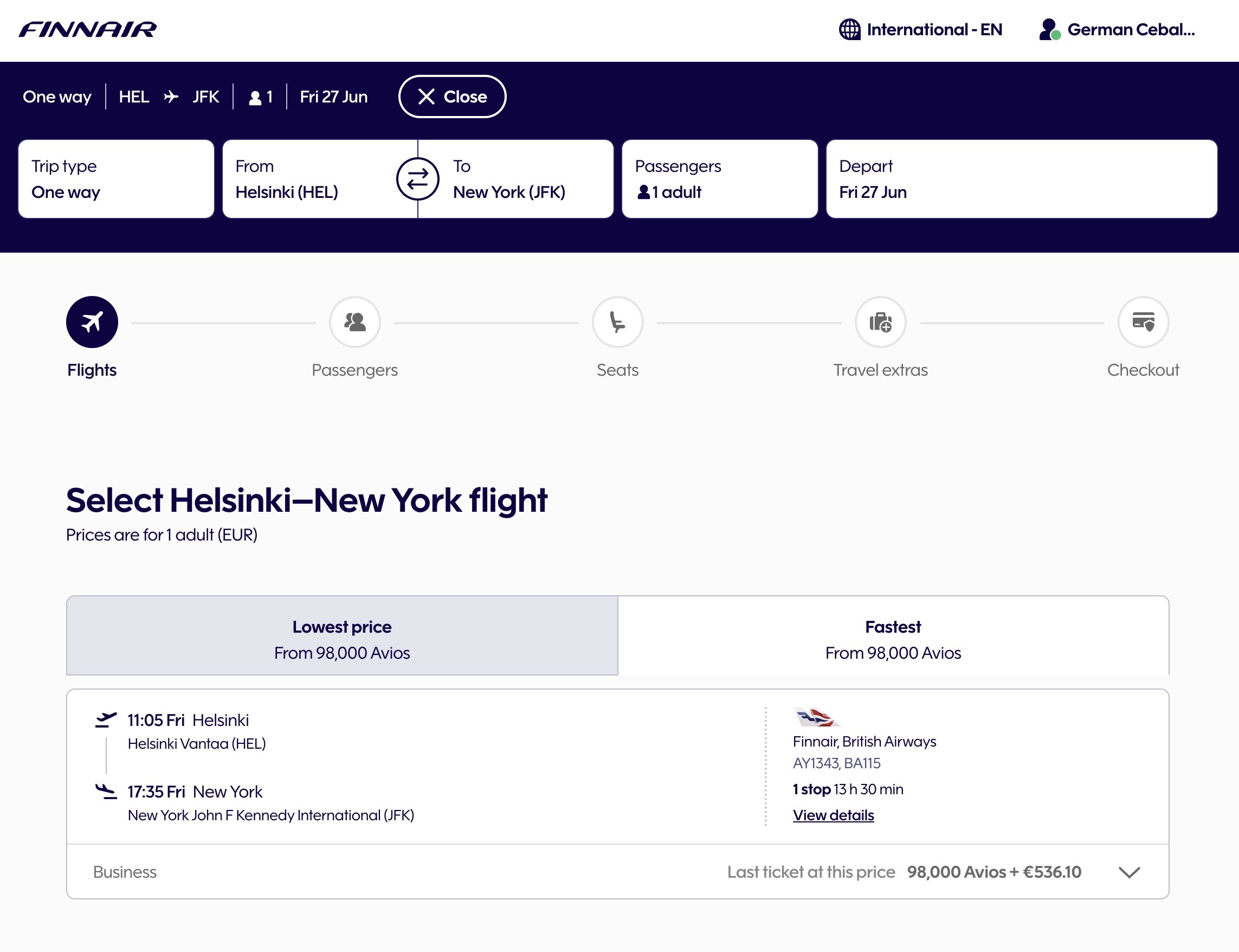 Complete your award booking on the official Finnair website.