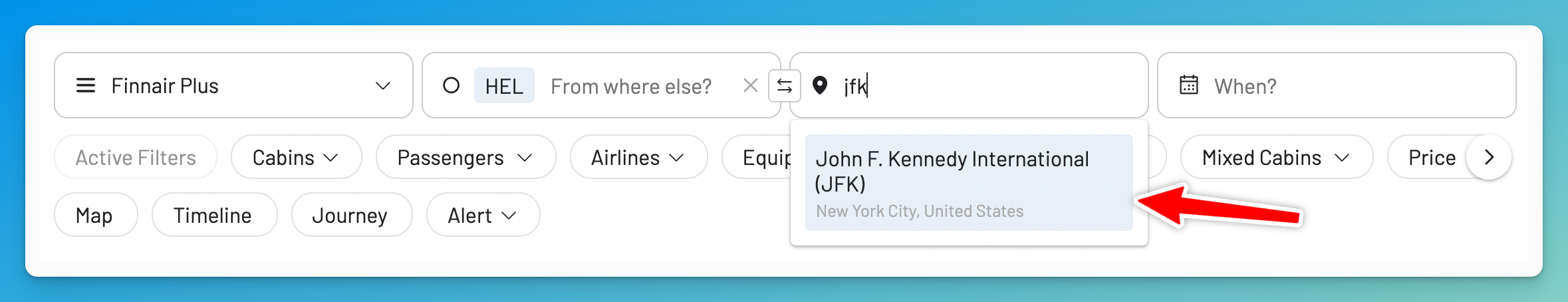 Select an origin and destination to search for Finnair Plus awards.