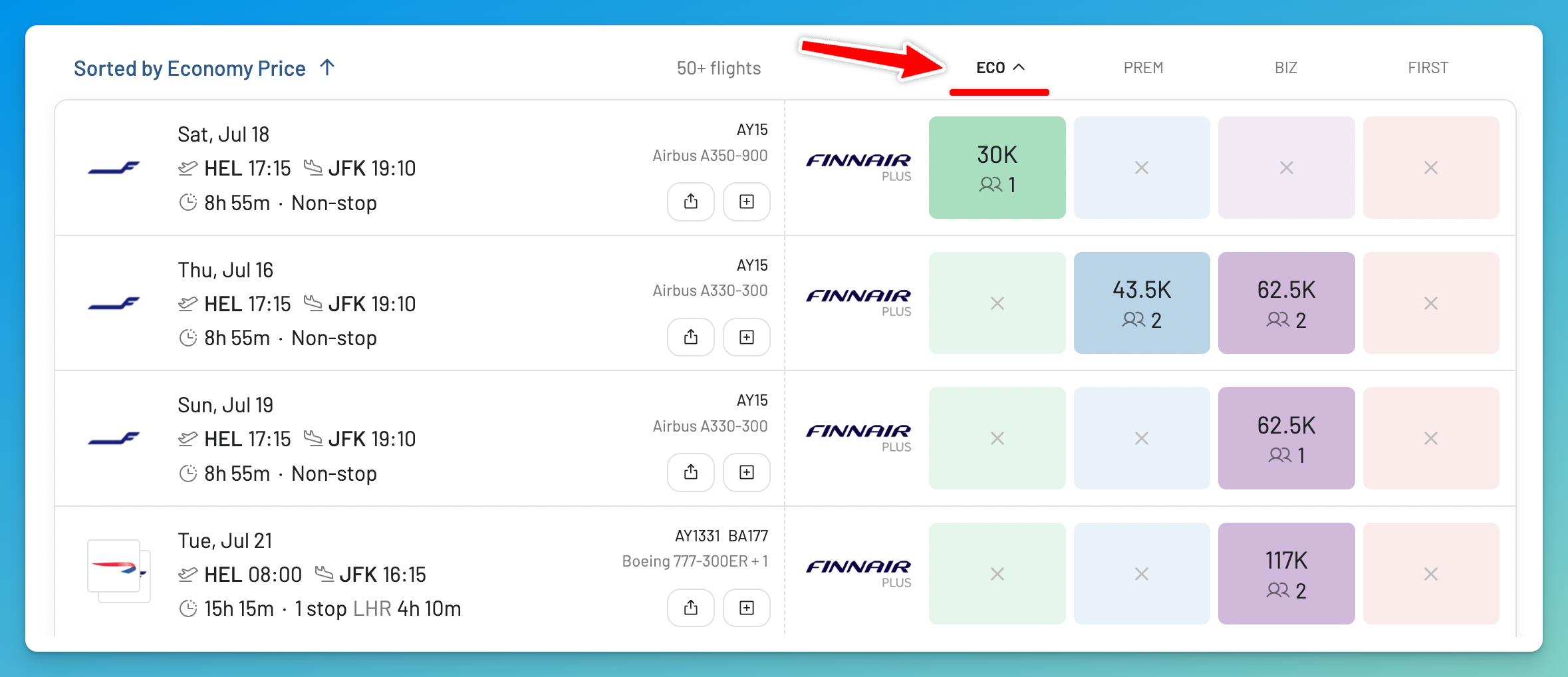 Sort Finnair Plus award flight results by price in Avios.