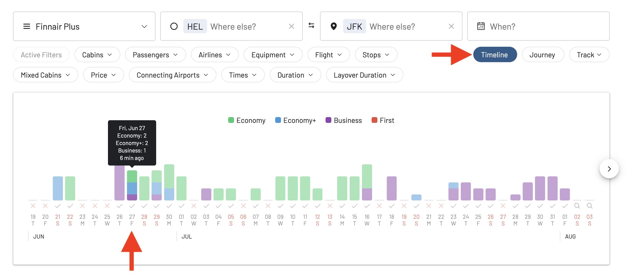 Use the Timeline View to see Finnair Plus award availability across multiple dates.